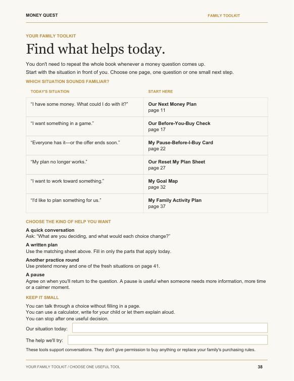 Actual Family Toolkit page showing which tool to use for each money situation