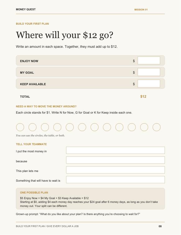 Actual worksheet from Mission 1: Where will your $12 go?
